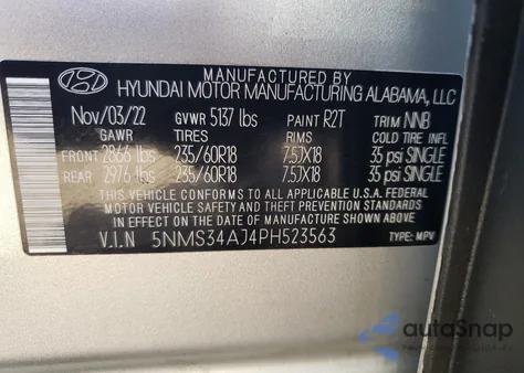 2023 Hyundai Santa Fe Sel из США, поврежденный, VIN 5NMS34AJ4PH523563